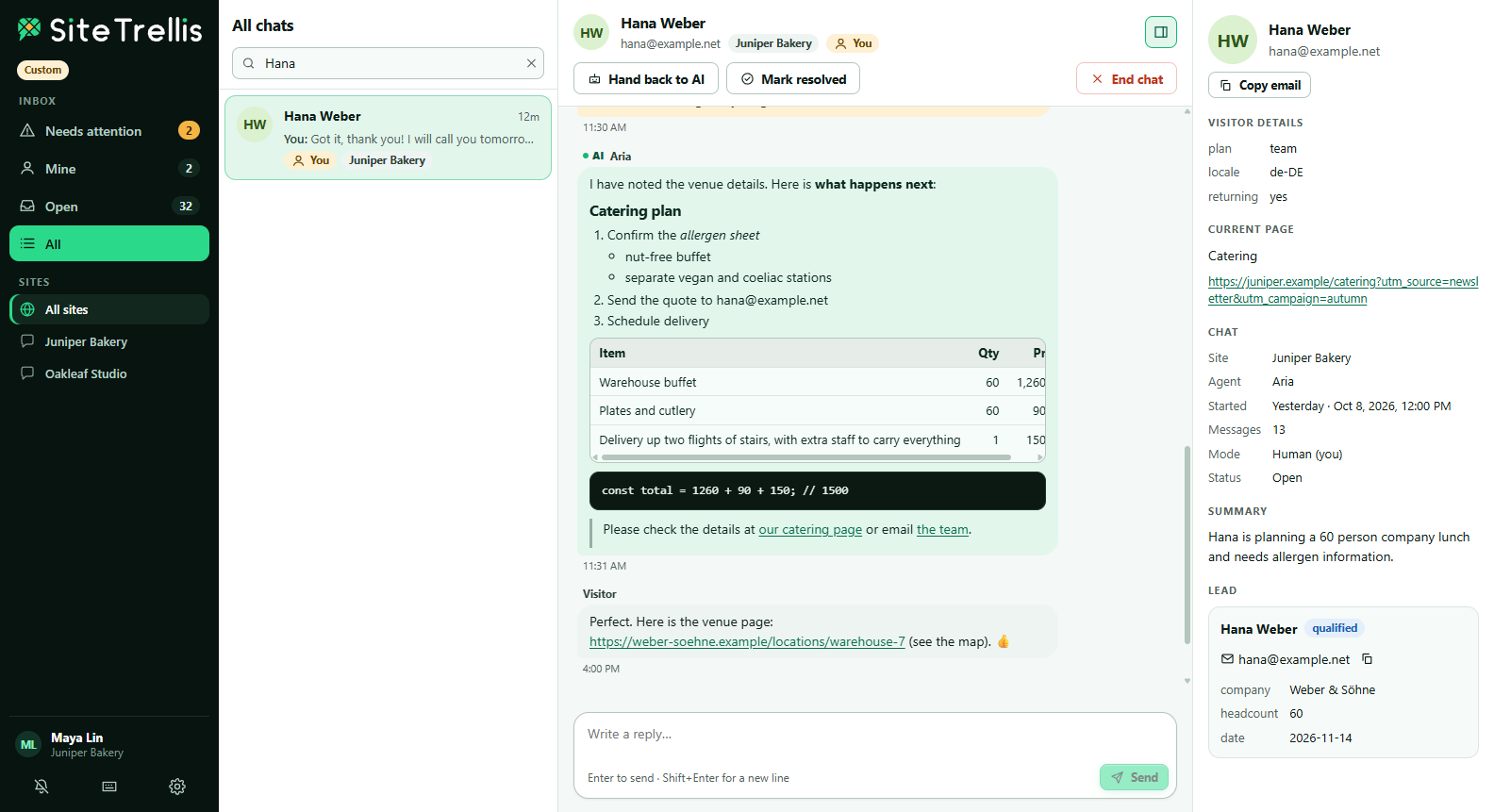 The SiteTrellis desktop app showing the live chat inbox, an open conversation and visitor details.